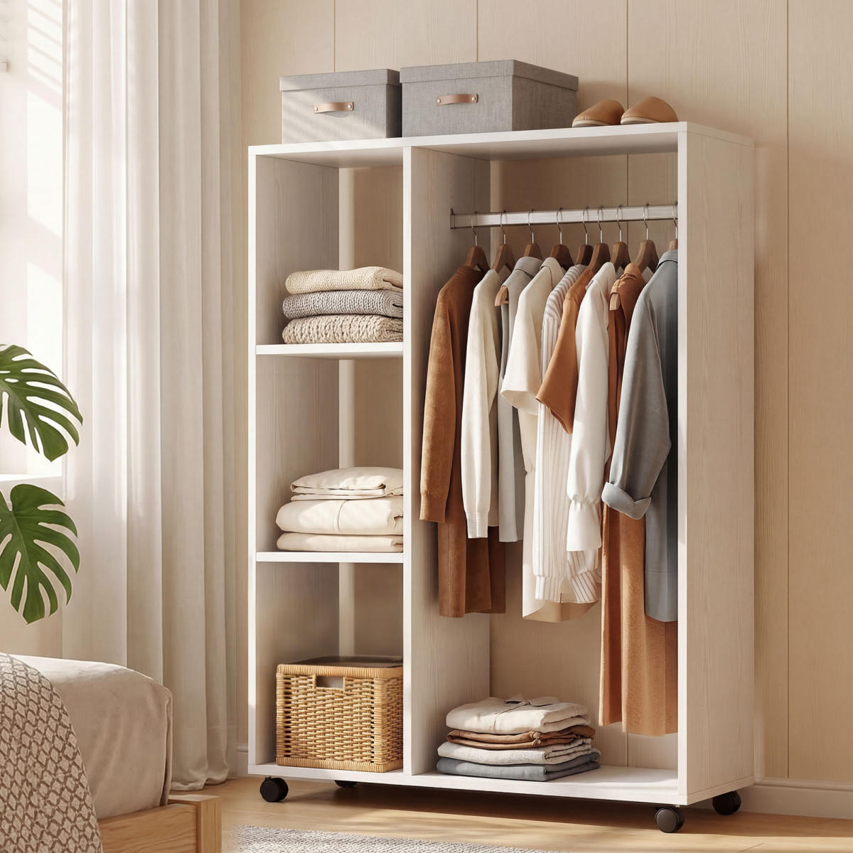 Kleiderschrank Auf Rollen, Mobile Garderobe, Garderobenschrank, Rollbarer Kleiderständer, 80 X 40 X 128 Cm, Weiß