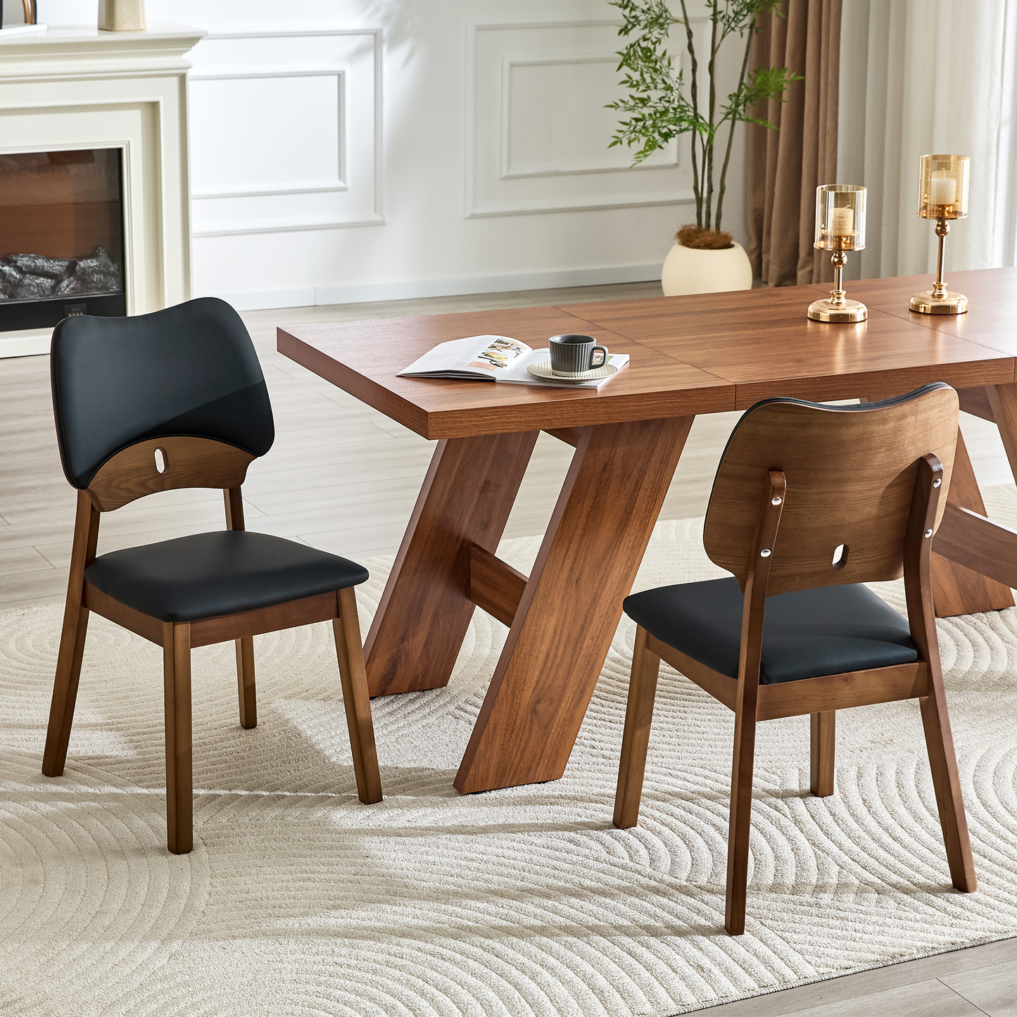 2 Walnut Colored Solid Wood Dining Chairs, With Black PU Soft Packaging On The Backrest And Seat Cushion, Hollowed Out Design Backrest, For Home Dining Chairs.