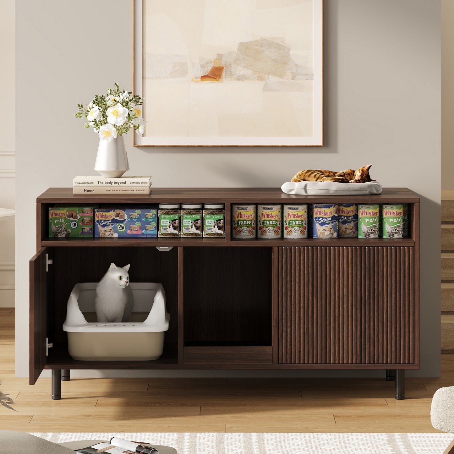 Cat Litter Box Cabinet Cat Litter Tray Cabinet With Sand Collecting Mat, Pet Cabinet With Shelf, Pet Sideboard TV Cabinet, Without Cat Litter Tray, 120x50x66cm, Walnut Colour