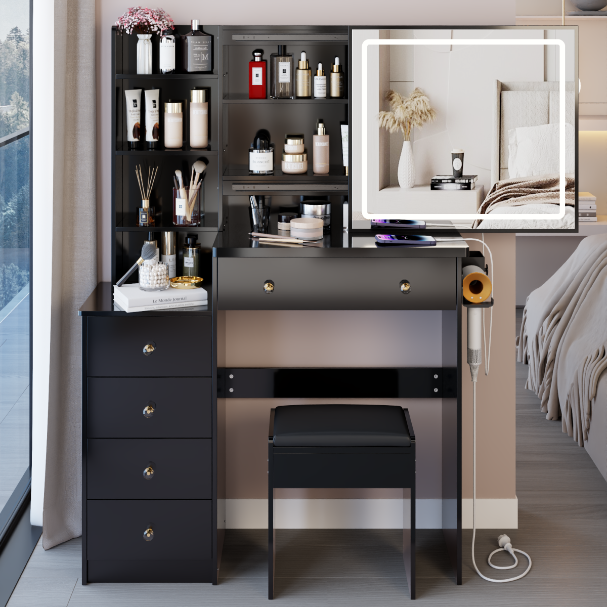 37 Middle Size Left Bedside Cabinet Vanity Table  Cushioned Stool Dresser Set, 2 AC -2 USB Socket, Hair Dryer Stand, Large Touch Control LED Sliding Mirror, 3-color Switch, EPA, GCC, UL Certificate
