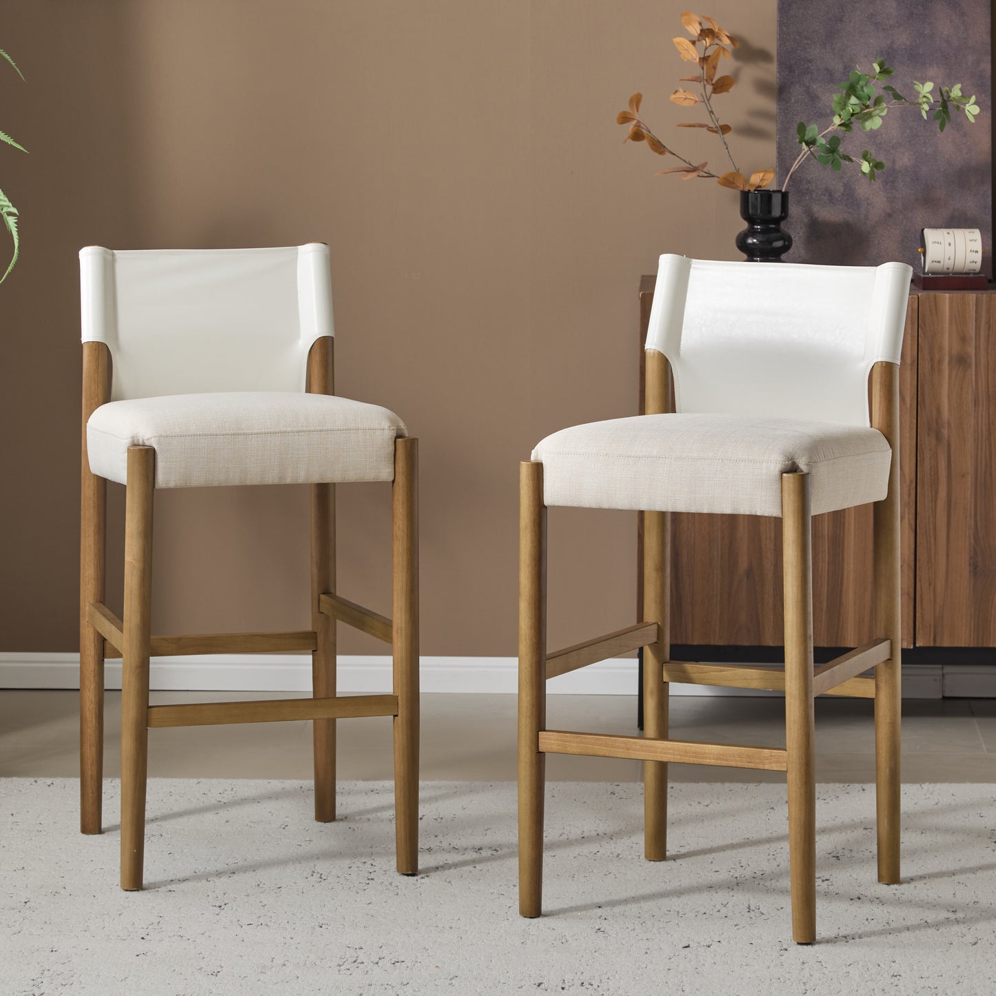 28.5, Modern Solid Wood Bar Stool With Polyester Cushion - Minimalist Kitchen Island Stool For Breakfast Nook & Home Bar  Neutral Tone Design , Set Of 2