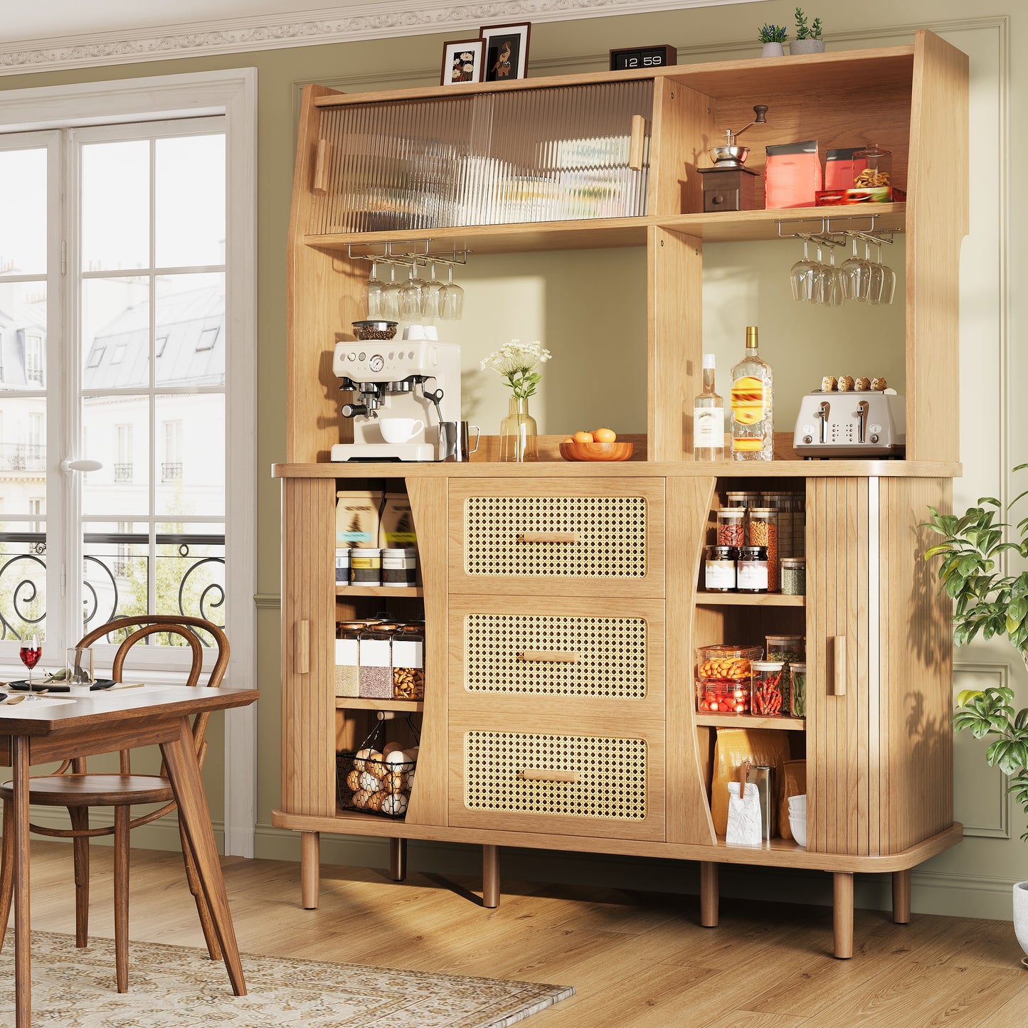 High-quality Sideboard With Rattan Look And Glass Sliding Doors, 174.5 Cm High Kitchen Cabinet With Storage Space, Natural Wood Walnut Look