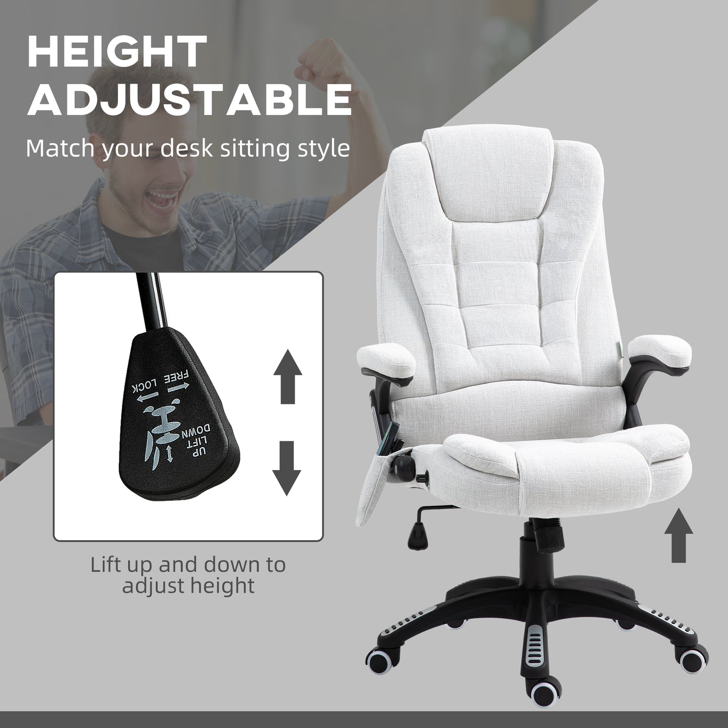 Vinsetto Massage Recliner Chair Heated Office Chair With Six Massage Points Linen-Feel Fabric 360° Swivel Wheels Cream White
