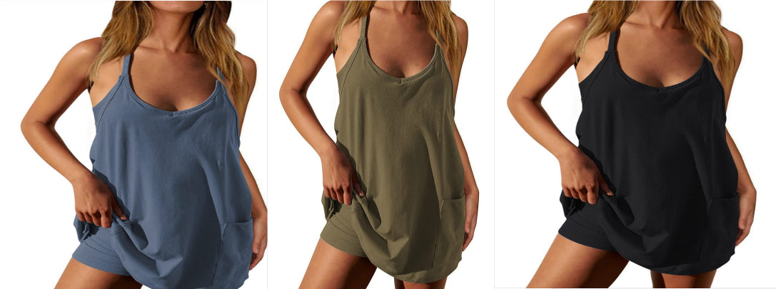 Women's Fashion Solid Color Pocket Vest Shorts Set