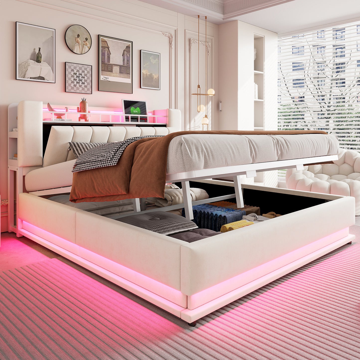 Smart Upholstered Bed 180 X 200 Cm With LED Lighting, USB And Hydraulic Storage, Soft Velvet Cover And Metal Frame, Beige