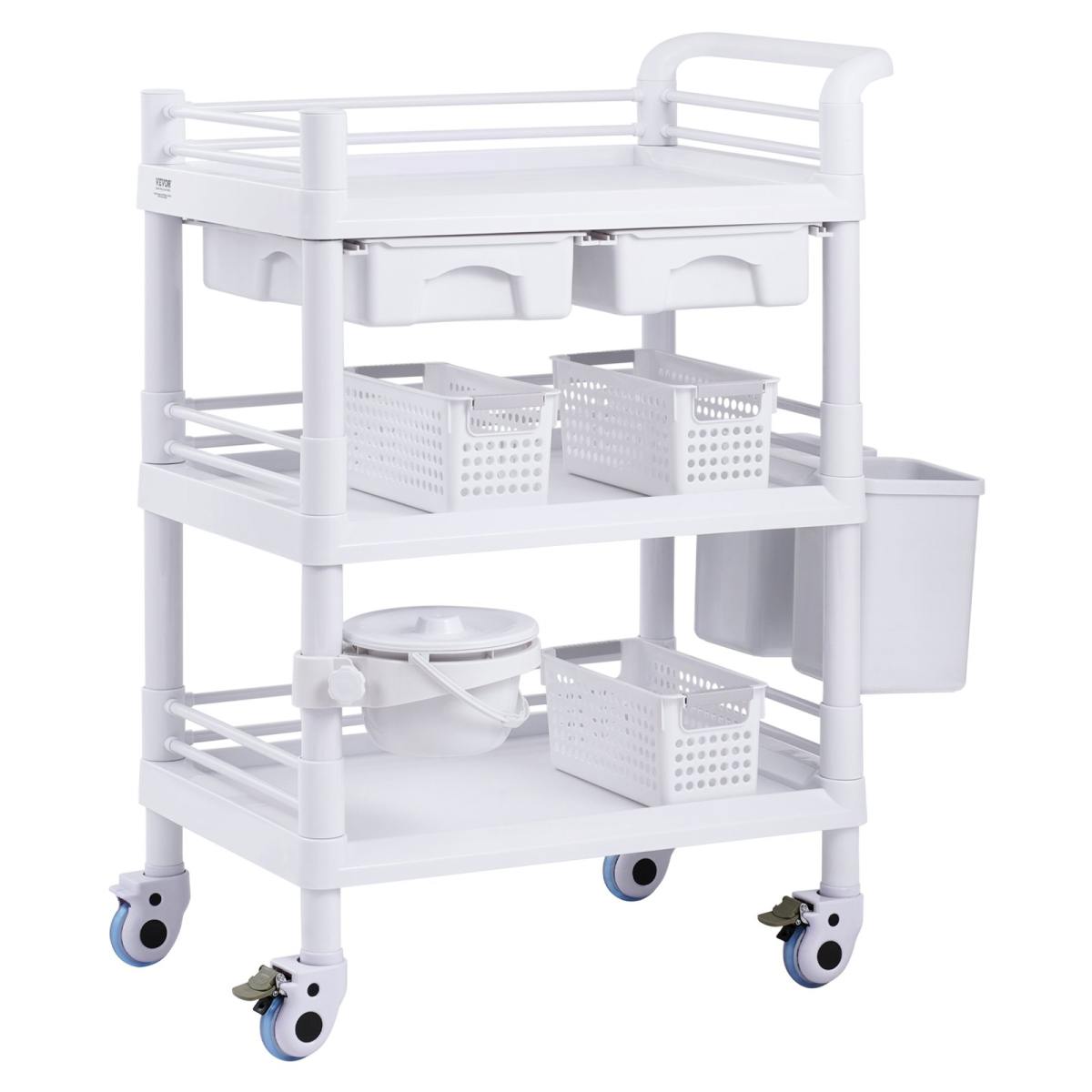 3 Tiers Lab Carts, Lab Utility Cart With 3 Trays & 4 Silent Wheels, Mobile Medical Cart With PP Material, Lab Rolling Cart With 3 Trash Cans For Lab, Clinic, Hospital, Salon, White