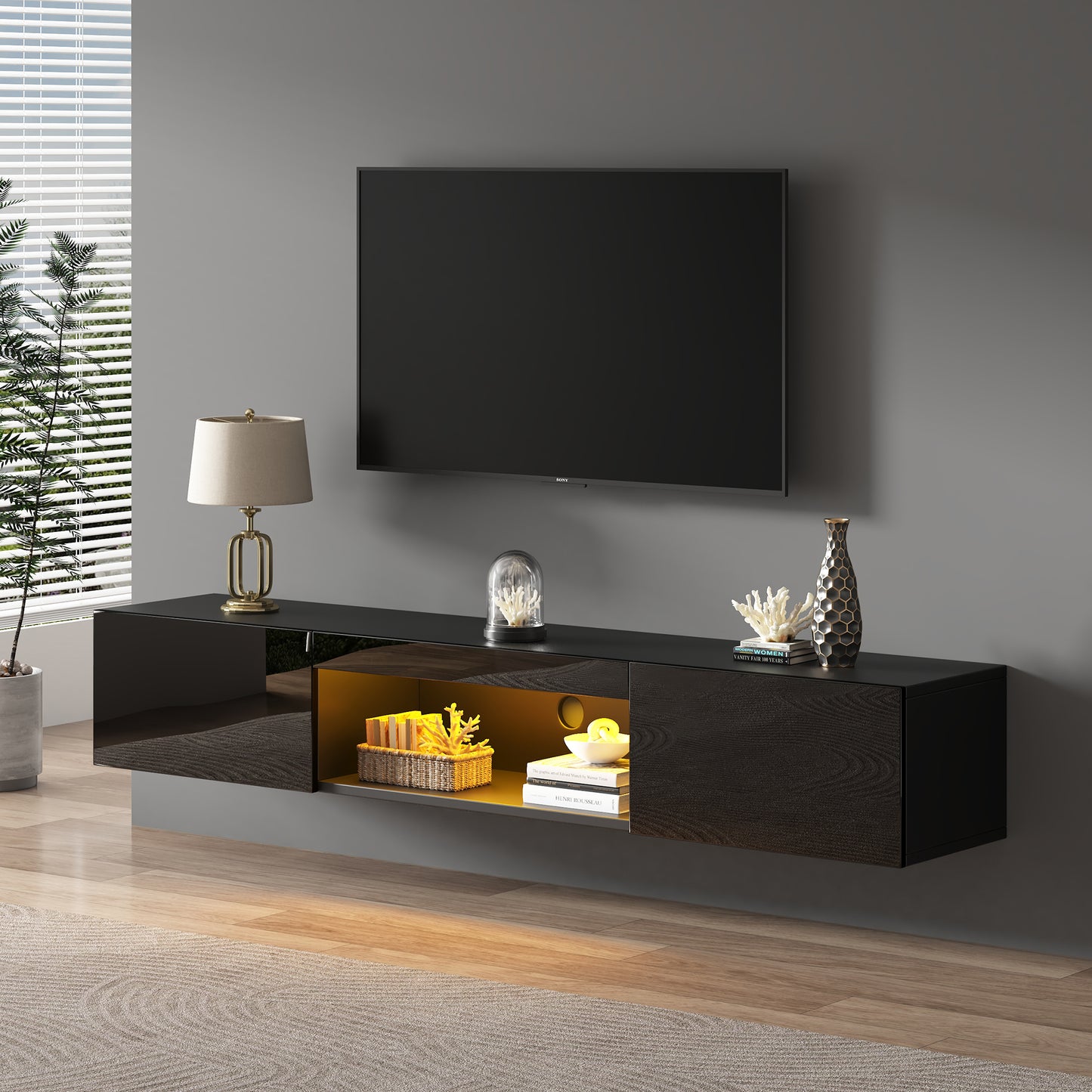 160x31x22cm High Gloss Hanging Cabinet,TV Stand And TV Cabinet With LED Lighting, Lowboard, TV Table,TV Board, TV Dresser,Wall Mounted TV Stand, For 70 Inch TV, 35kg Carrying Capacity, Black