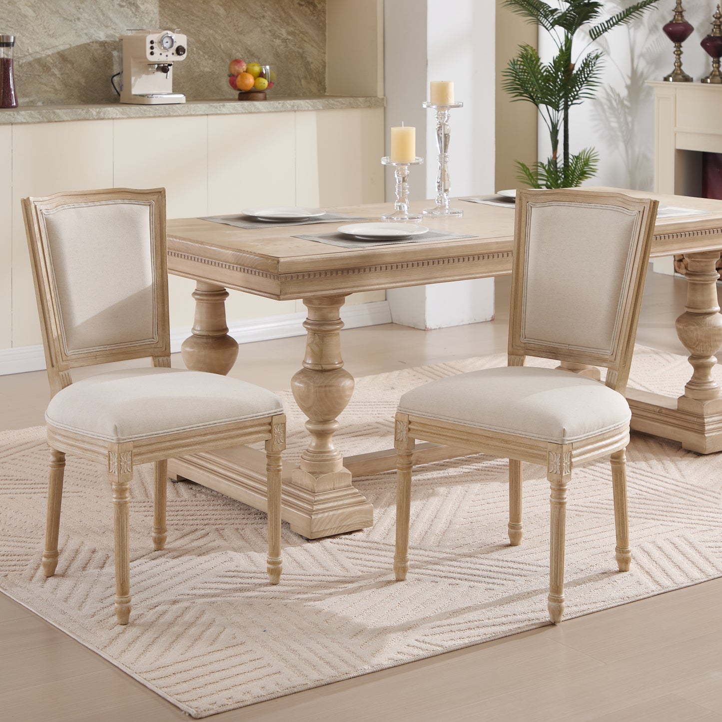 French Country Dining Chairs Set Of 2, Upholstered  Chairs With  T Shaped Back, Wire Drawing And Carving Techniques ,Disassemblable ,  For Living Room, Kitchen , Restaurant Use, Beige