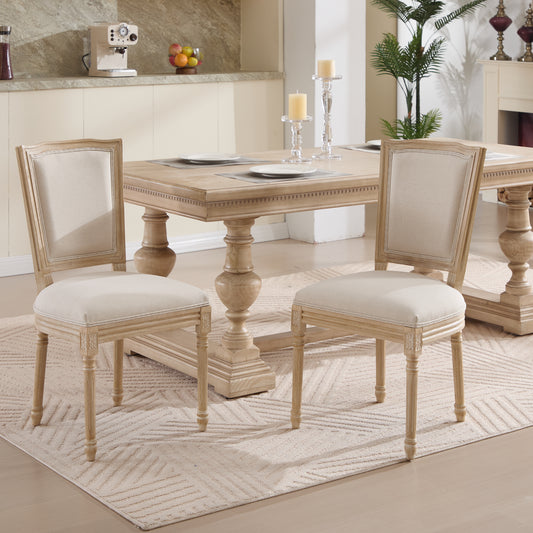 French Country Dining Chairs Set Of 2, Upholstered  Chairs With  T Shaped Back, Wire Drawing And Carving Techniques ,Disassemblable ,  For Living Room, Kitchen , Restaurant Use, Beige