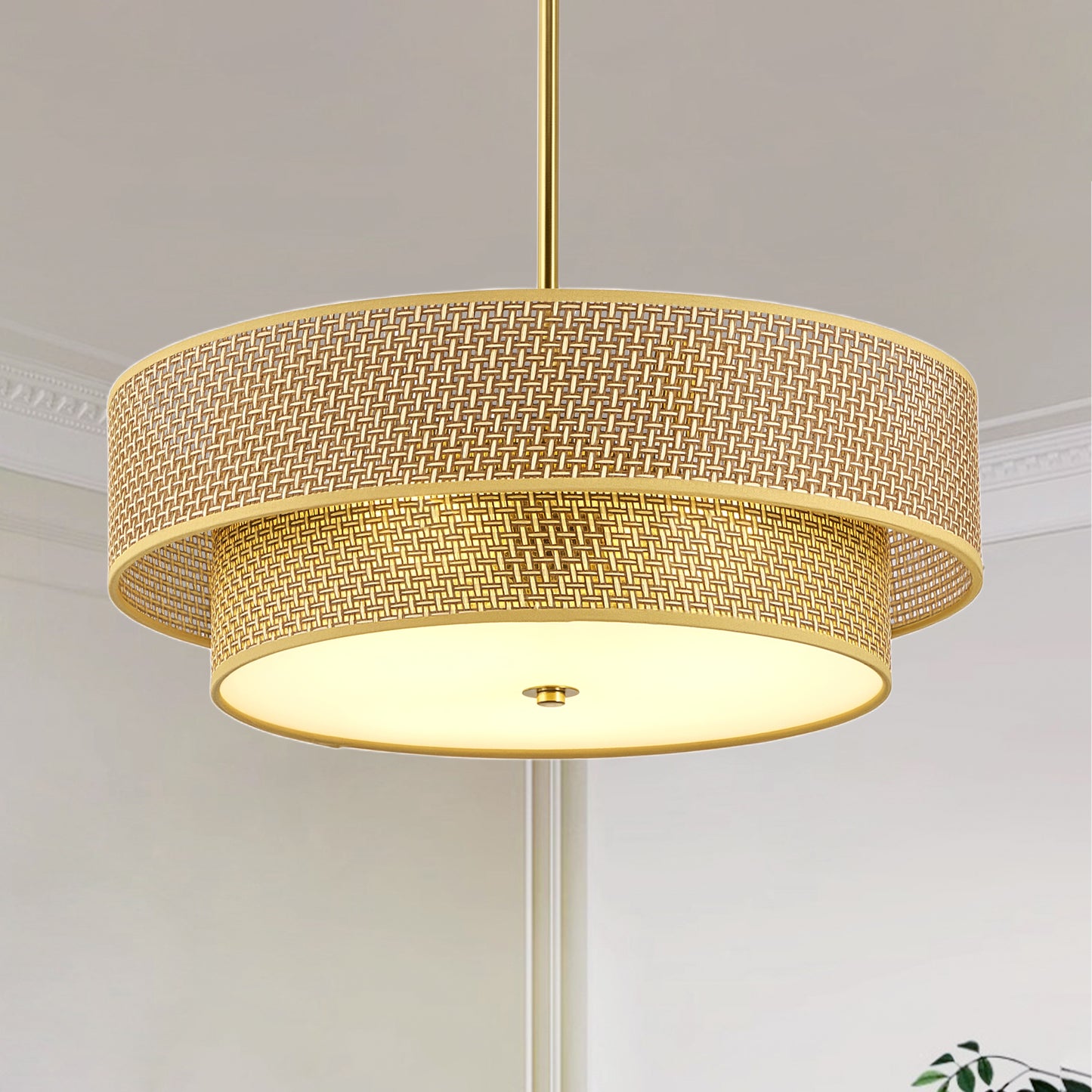 17.7 Inch Woven Rattan Linen Semi Flush Mount Ceiling Light Fixture, Modern Boho Drum Lamp For Bedroom, Kitchen, Dining Room, Living Room, Hallway, Entryway, Farmhouse Gold Wicker Chandelier