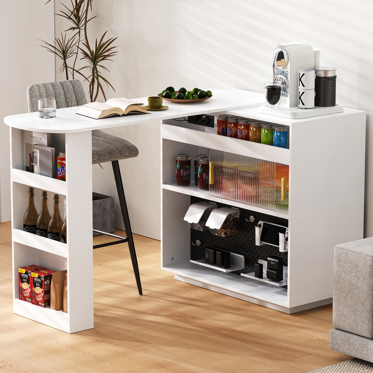 Modern Bar Table, Extendable 360 Swivel Sideboard With Storage And LED Lighting, Reversible Sideboard With Perforated Board And Sockets, Bar Table For Kitchen And Dining Room  White