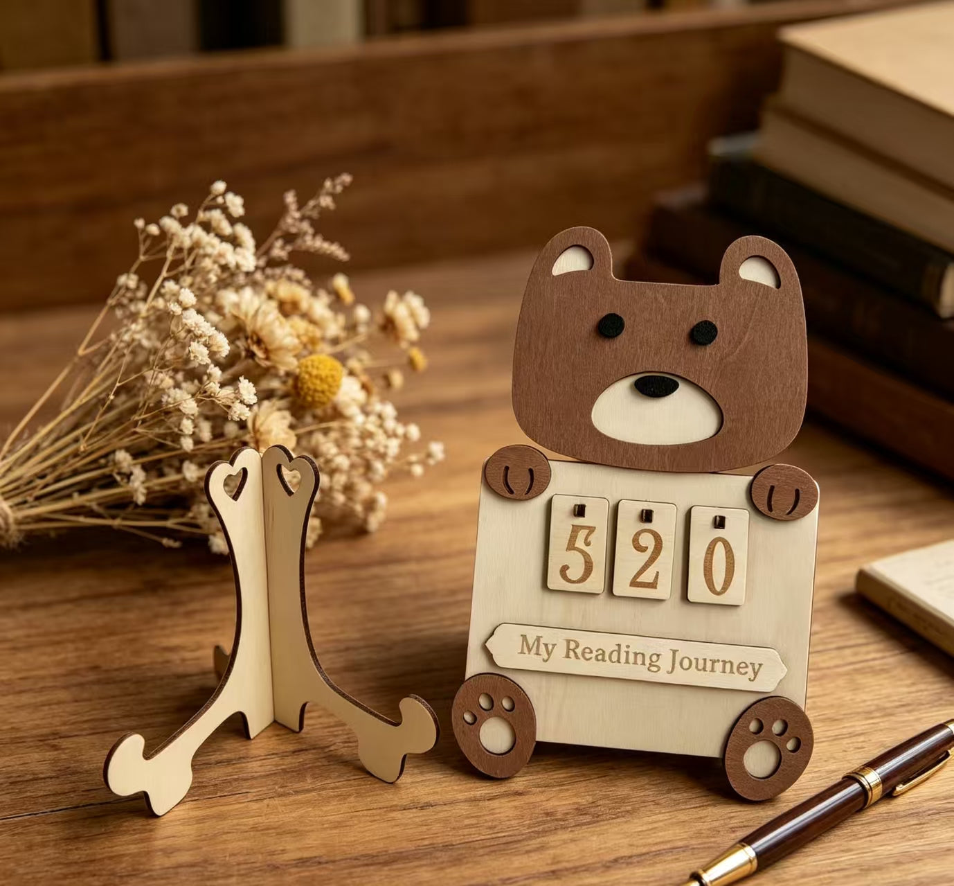 Wooden Reading Counter Tracker Fox Lion Bear Animal Reading Journey Counting Sign Book Log Keepsake Desk Decor