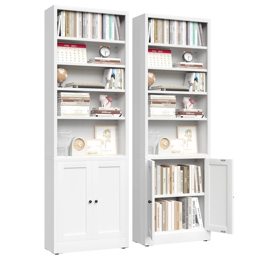 Metal Bookcase, 71 Inch Tall 5-Tier Bookshelf With Door, Industrial White Bookshelf With Adjustable Shelves, 9.2  Deep Storage Shelf For Living Room, Office, Library, Modern Home Furniture