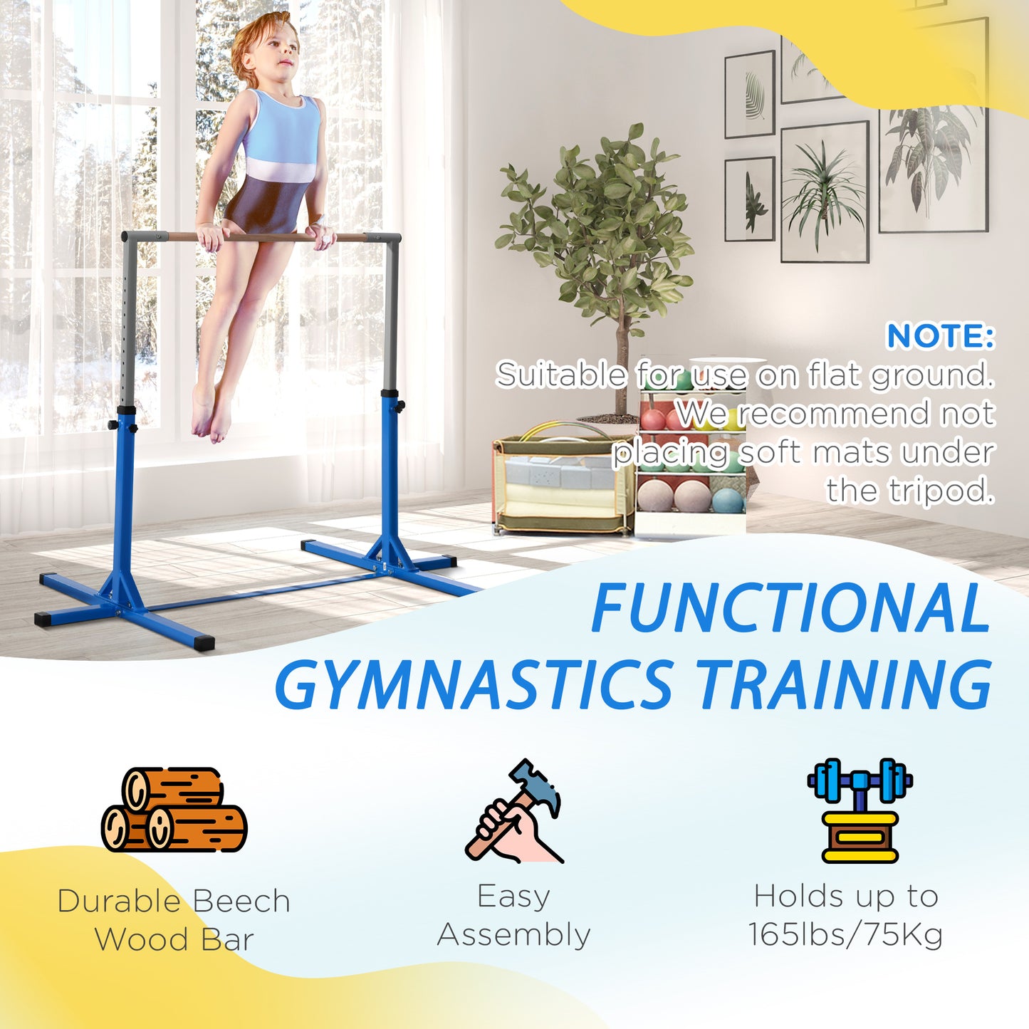 Height Adjustable Gymnastics Horizontal Bar For Kids, Children Junior Kip High Bar Fitness, Blue