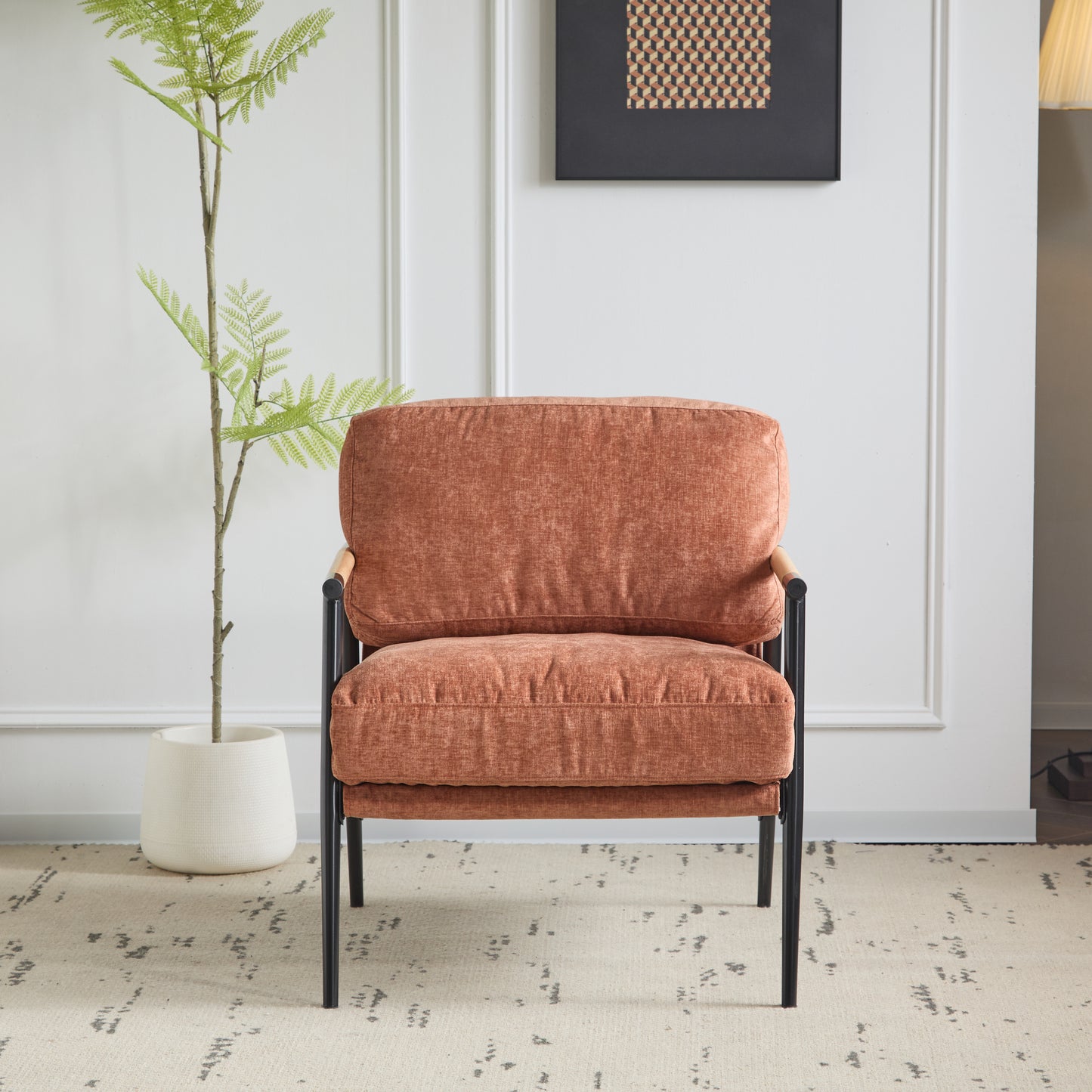 27.56  Modern Accent Chair With Plush Cushions, Minimalist Metal Frame, And Wooden Armrest Design -Perfect For Cozy Living Room, Bedroom, Or Office Seating