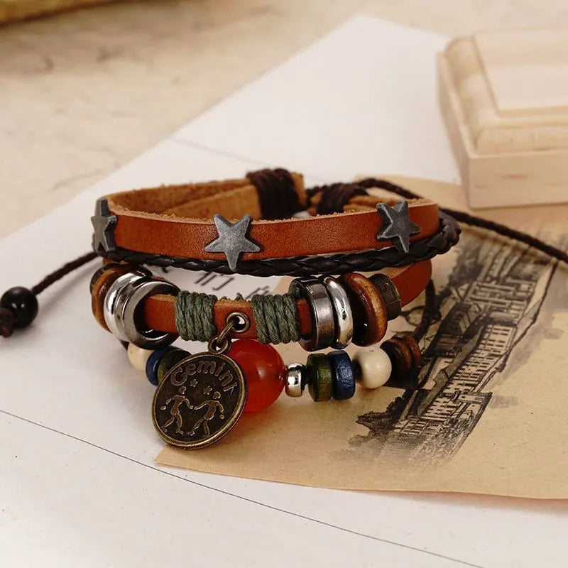 1pcs Multi-Layer Braided Leather Wooden Bead Star Zodiac Charm Adjustable Bracelet, Retro Boho Ethnic Style, For Men Women Daily Campus Travel & Constellation Holiday Gifts