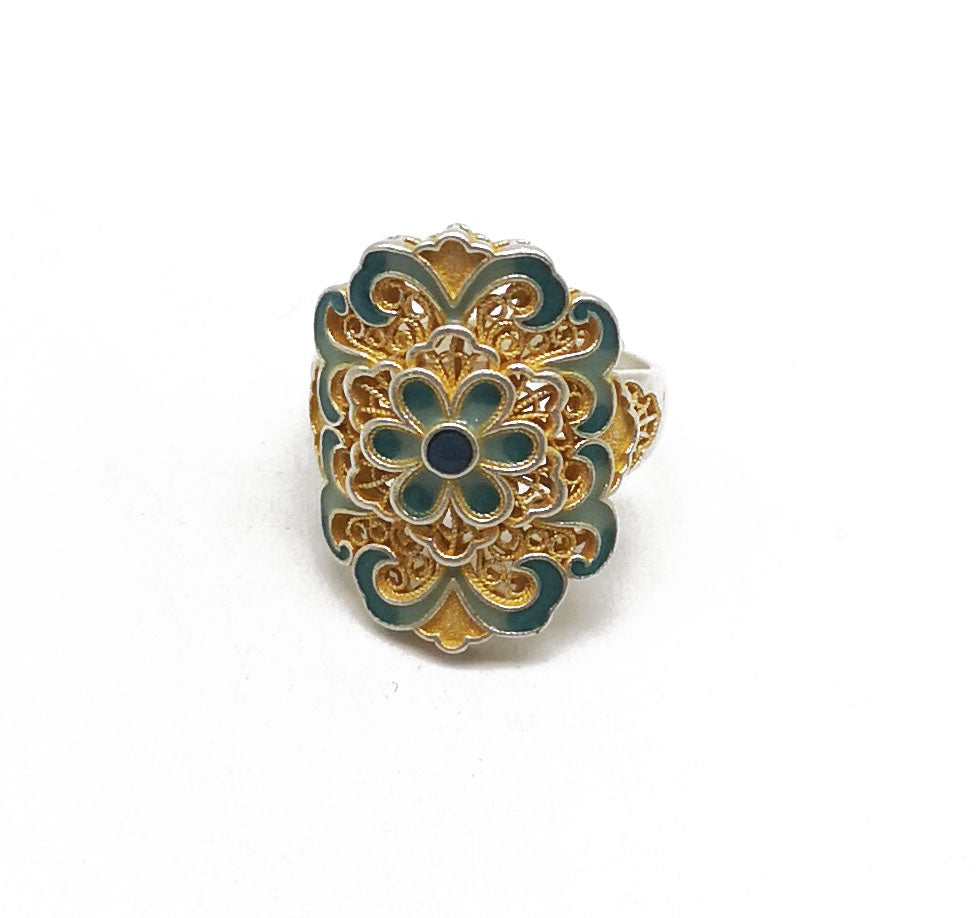 1pcs 999.9 Sterling Silver Gold-Plated Enamel Orchid Statement Ring, Luxury Retro Style, Ideal For Birthdays & Holiday Gifts