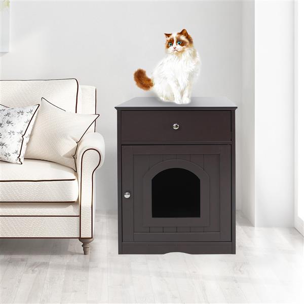 Wooden Pet House Cat Litter Box Enclosure With Drawer, Side Table, Indoor Pet Crate, Cat Home Nightstand Brown