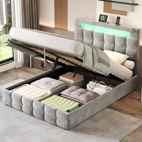 4ft6 Double Upholstered Bed Frame With Hydraulic Storage, Velvet Ottoman Bed With LED Lighting And Charging Station, Double Bed With Adjustable Button Tufted Headboard, Beige