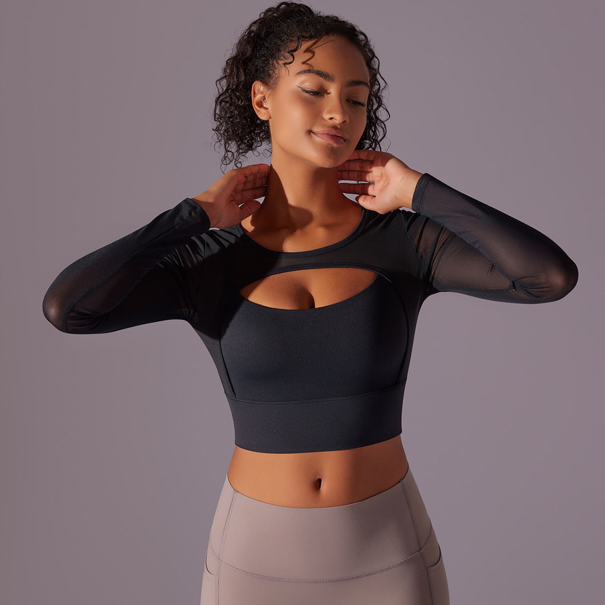 Women's Fashion Casual Mesh Yoga Clothes Long Sleeve With Chest Pad