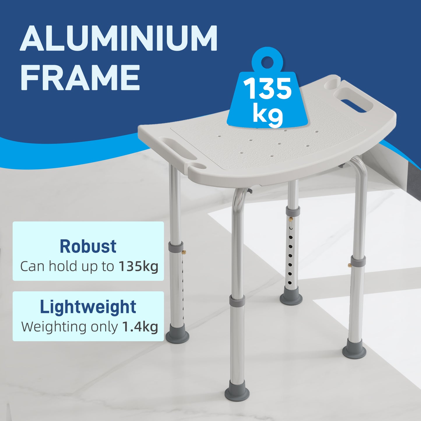 Height Adjustable Bath Stool, Aluminium Shower Stool With Non-Slip Pads For Elderly, Disabled, Seniors, Pregnant, White