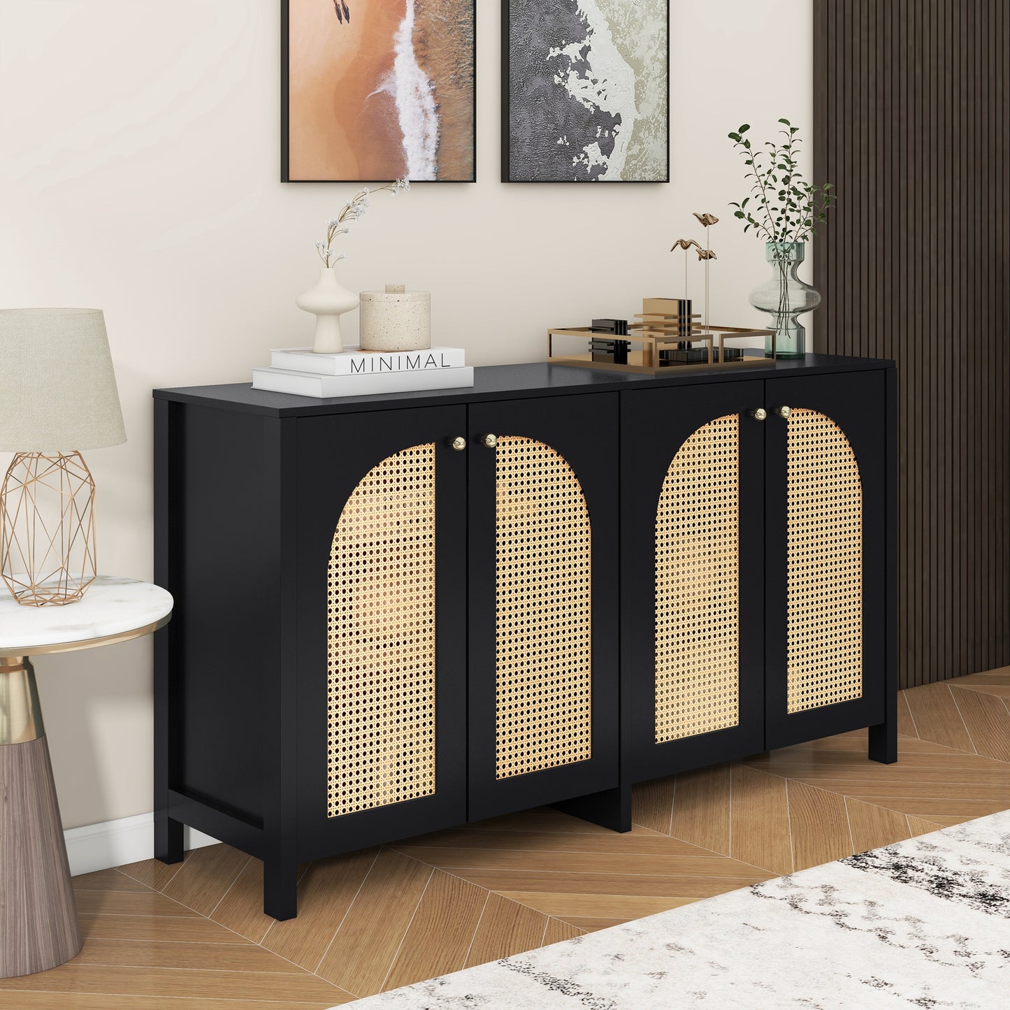 Modern Minimalist Style Sideboard 4 Rattan Door, Metal Handle Simple Buffet Cabinet For Dining Room, Living Room, Kitchen Black