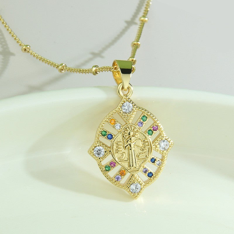 Premium 18K Gold Plated Necklace, Double Sided Madonna Crown Cross Zircon Pendant