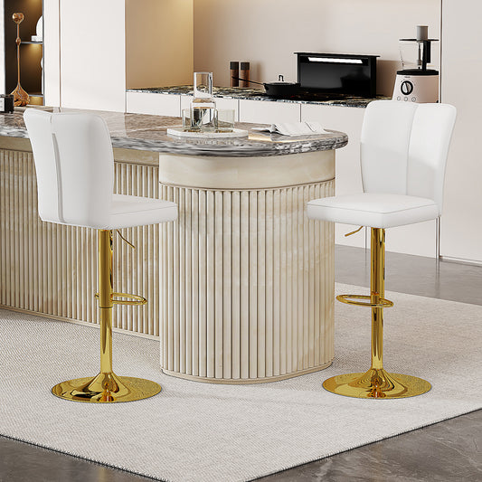 Height-adjustable Bar Stool In A Set Of 2, Can Be Rotated 360 . Luxurious Bar Stool In White And Gold Design Made Of Water-repellent PU Leather, Suitable For Kitchen Islands. Various Colors Available.