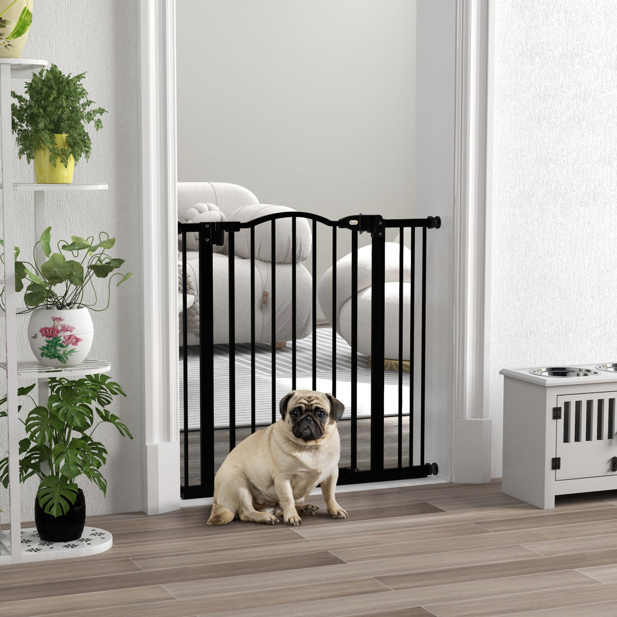 PawHut Metal 74-87cm Adjustable Pet Gate Safety Barrier W/ Auto-Close Door Black
