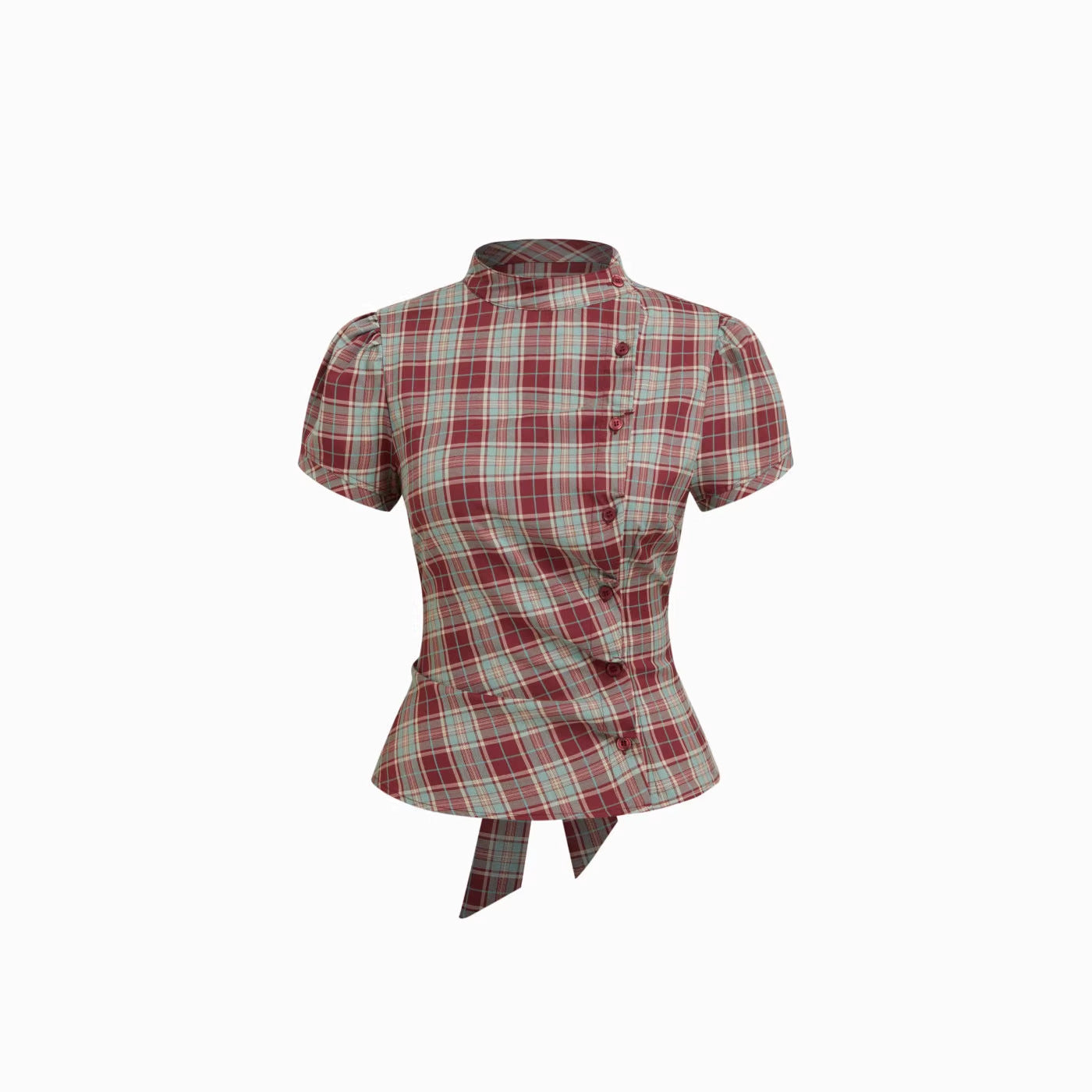 Korean-style Retro Color-block Plaid Stand-collar Short-sleeve Shirt