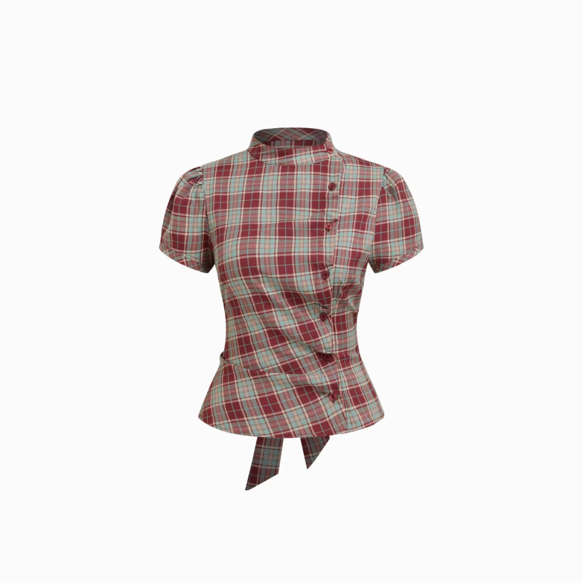 Korean-style Retro Color-block Plaid Stand-collar Short-sleeve Shirt