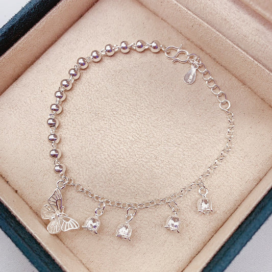 1pcs 999 Sterling Silver Beaded Bellflower & Butterfly Bracelet, Elegant Romantic Style, Ideal For Birthday & Holiday Gifts