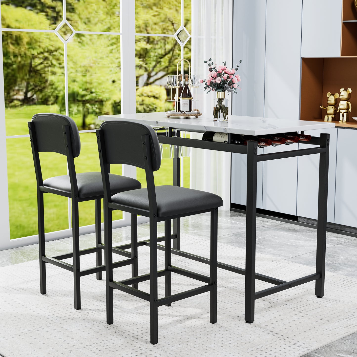 Kitchen Table Set, Dining Table And Chairs For 2, 3 Piece Dining Room Table Set With 2 Upholstered Chairs, Bar Dining Table Set For Small Spaces, Apartment, Breakfast, Pub, Rustic Black