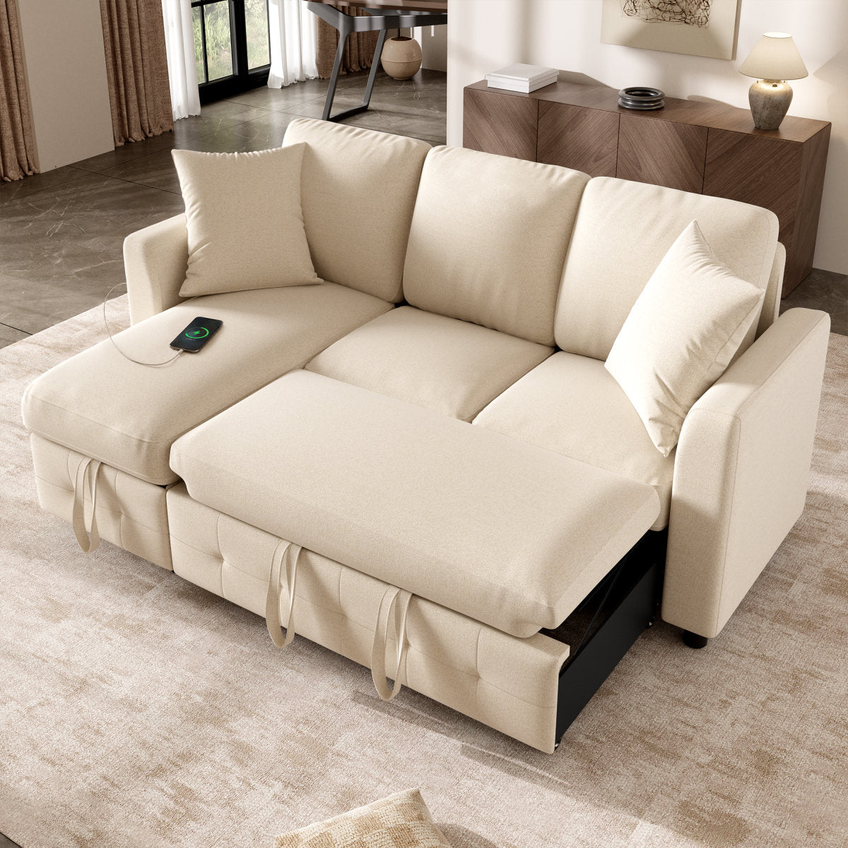 Modern Luxury Chenille L-Shaped Sectional Sofa With 1 Storage Chaise Lounges, 2 Square Cushions, Convertible Corner Sleeper Chair Bed, Comfy Couch For Living Room, Beige, 200 X 130.5 X 83.7 Cm