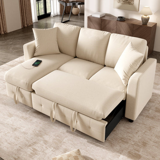 Modern Luxury Chenille L-Shaped Sectional Sofa With 1 Storage Chaise Lounges, 2 Square Cushions, Convertible Corner Sleeper Chair Bed, Comfy Couch For Living Room, Beige, 200 X 130.5 X 83.7 Cm