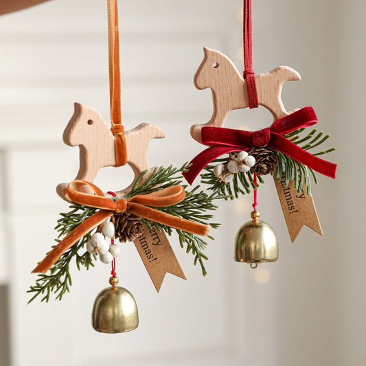 Wooden Bell Bow And Pine Needle Christmas Tree Ornament