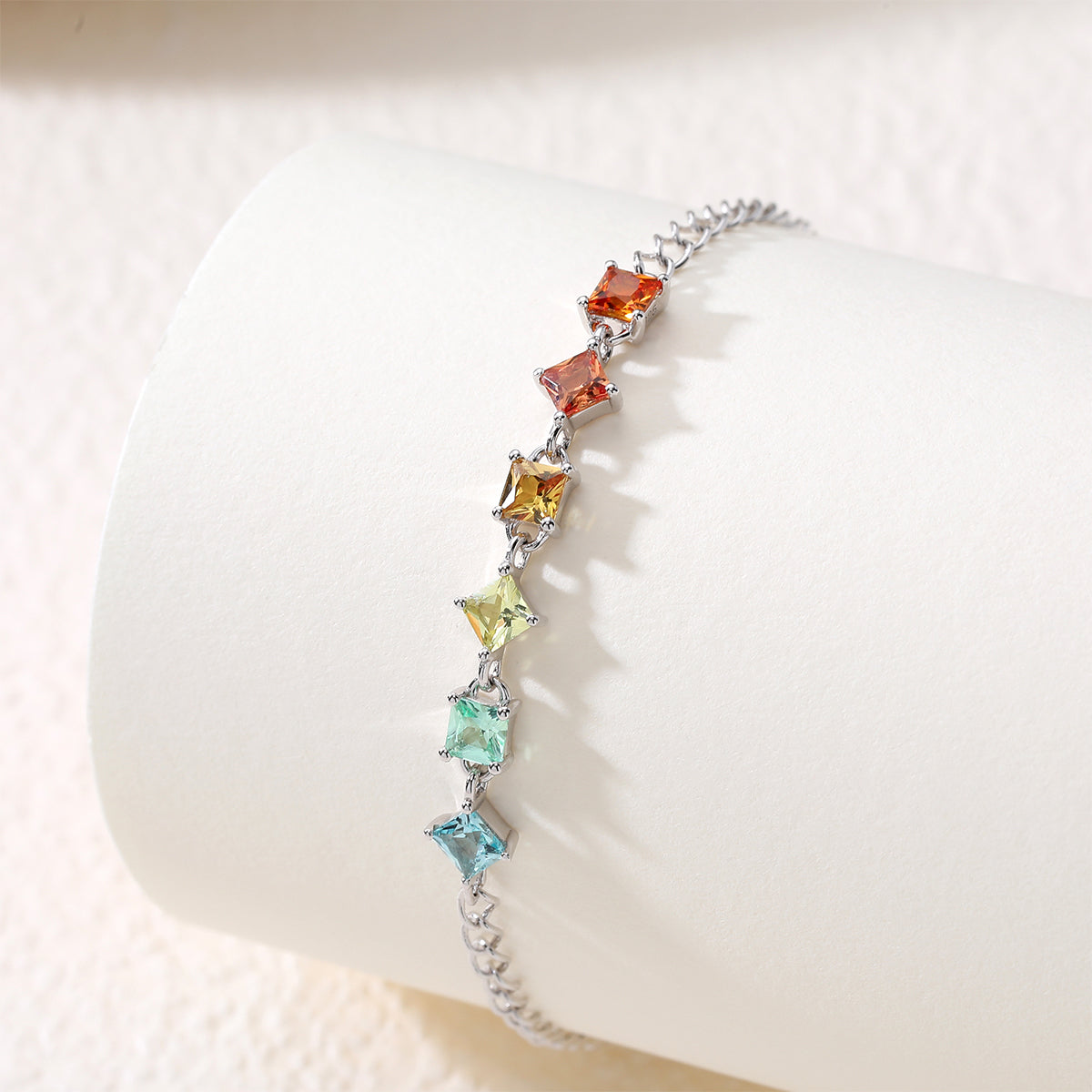 S925 Sterling Silver Rainbow Lab-Grown Gemstone Bracelet 16cm Square Cut Platinum Plated Gift Box