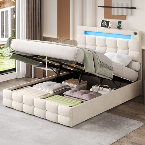 4ft6 Double Upholstered Bed Frame With Hydraulic Storage, Velvet Ottoman Bed With LED Lighting And Charging Station, Double Bed With Adjustable Button Tufted Headboard, Beige