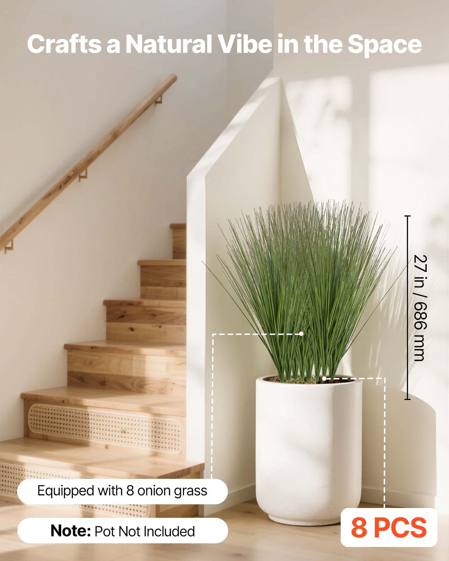Artificial Grass Plant, 686mm Faux Onion Grass Fake Greenery Shrubs Plant, Premium PVC For Indoor Outdoor House Home Garden Office Room Décor, Housewarming, 8 Pack Green