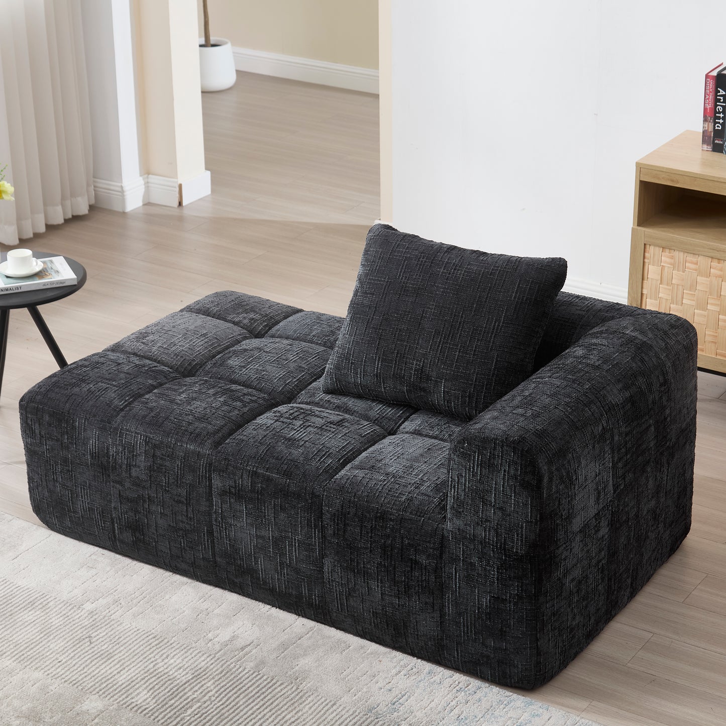 Comfortable Chaise Longue Sofa, No Assembly Required, Soft Sofa With Cushions, Side Pockets For Remote Control And Mobile Phone, Neat And Stylish, Black
