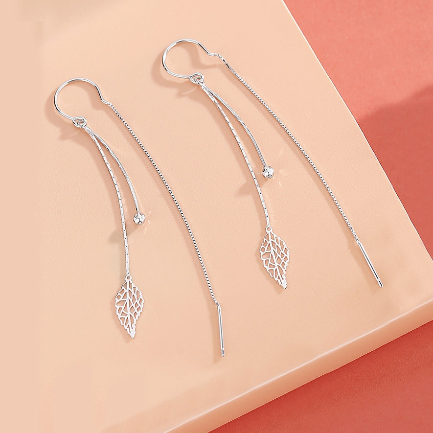 1 Pair 999 Sterling Silver Hollow Leaf Long Tassel Threader Earrings, Minimalist & Elegant, Perfect For Daily, Dating & Business, Ideal Valentine's Gift
