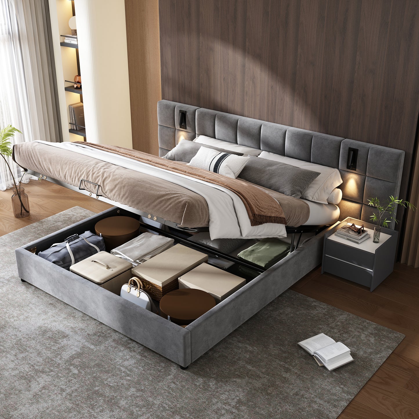 Upholstered Bed, King Size Bed-5ft 150x200cm , Hydraulic Storage Bed With Directional Lamp And USB Charging, Wide Headboard, Without Bedside Tables And Mattress, Velvet, Grey