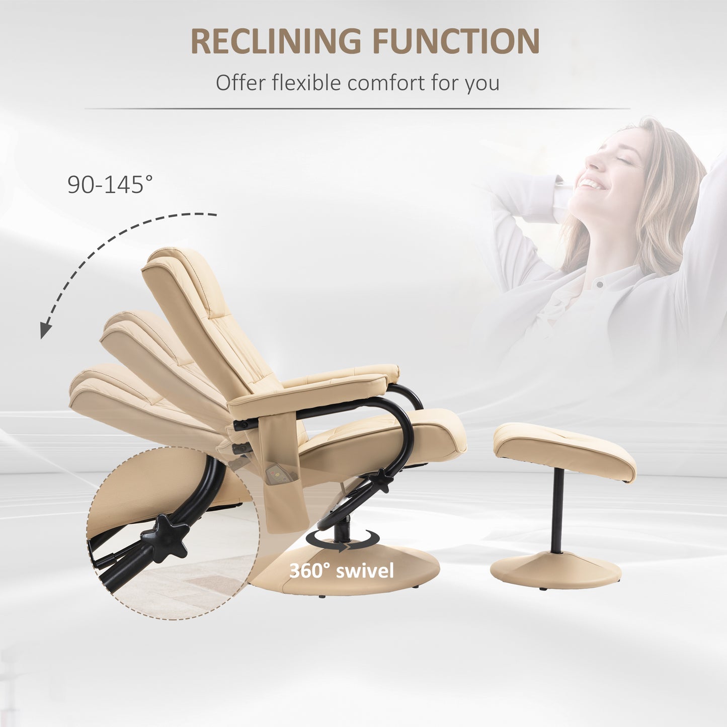 Swivel Recliner Chair And Footstool, Faux Leather Massage Recliner Armchair With Remote Control And Round Wrapped Base, Beige