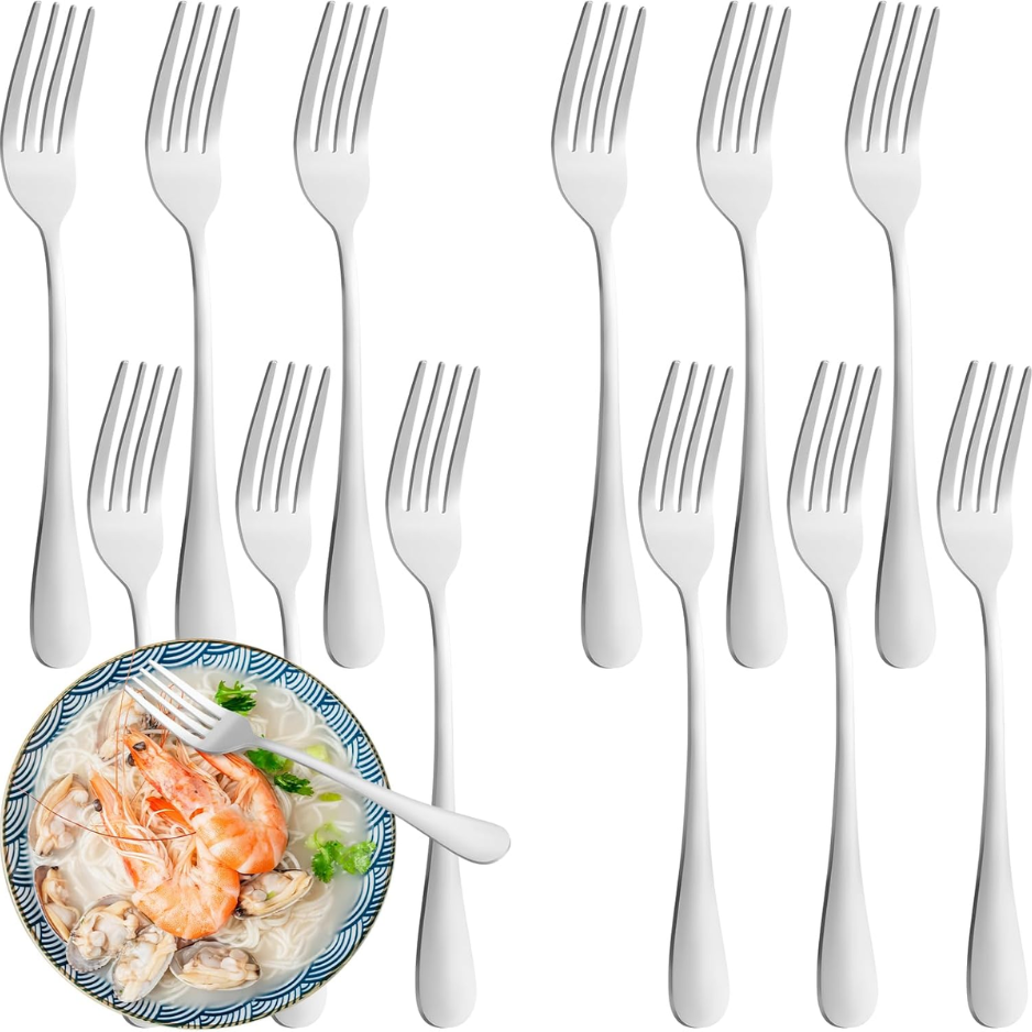 12-Piece Stainless Steel Dinner Forks Set - Mirror Polished Silverware For Home & Restaurant 7.5 Inch