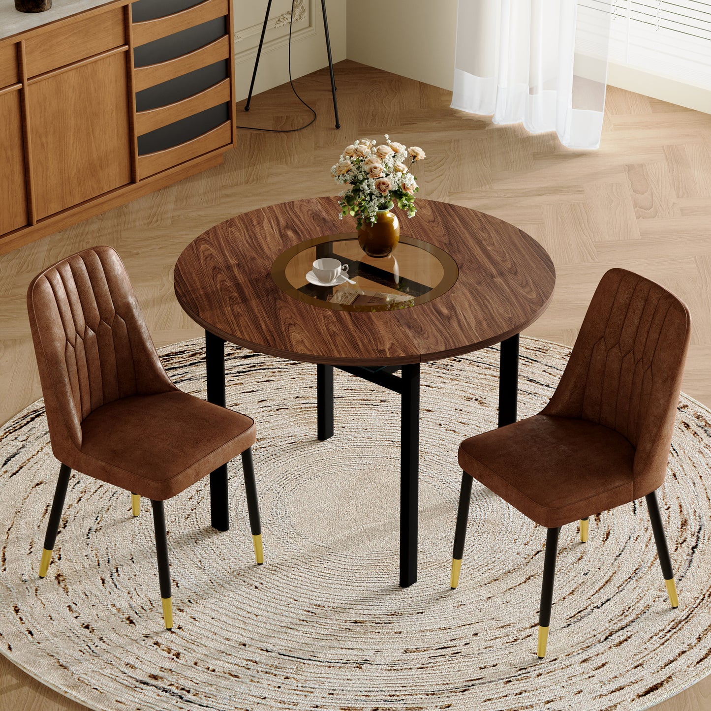 Modern Minimalist Round Dining Table Set  With 2 Brown Tech Fabric Armchairs With Black Metal Legs , Round Table With 100 Cm Diameter In Wood Look, Suitable For Dining Room And Kitchen.