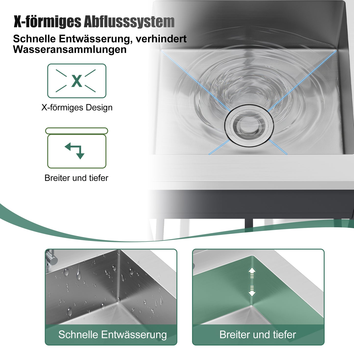 Freistehing Stainless Steel Sink For The Outdoors, 60x60cm, With Faucet And Drain, Including Storage, Generous One-piece Design, Suitable For Kitchen, Garden, Workshop And Commercial Purposes.