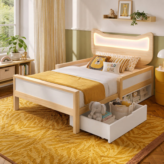 Children's Bed 90x200 Cm With Cat Ears, Headboard & RGB LED Lighting, Slatted Frame, Flexible Drawer & Storage Compartment Can Be Mounted Left Right, Child-proof Safety Gate, In White And Oak, Without