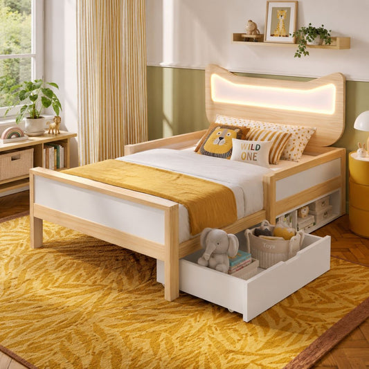 Children's Bed 90x200 Cm With Cat Ears, Headboard & RGB LED Lighting, Slatted Frame, Flexible Drawer & Storage Compartment Can Be Mounted Left Right, Child-proof Safety Gate, In White And Oak, Without