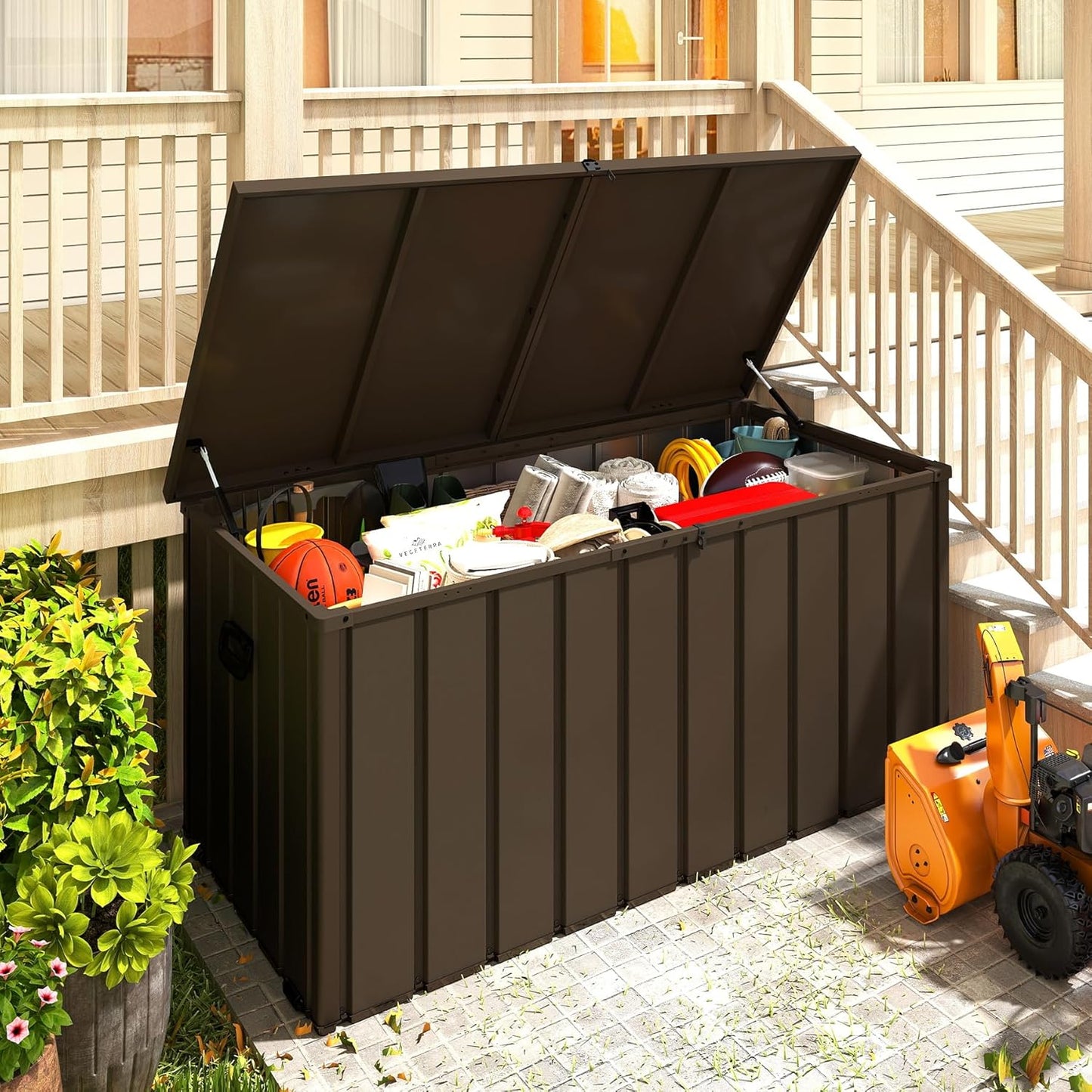 200 Gallon Metal Deck Box, Waterproof Outdoor Storage Box With Lockable Lid, Large Pool Storage Cabinet For Patio Furniture Garden Tools Pool-Supplies, Brown