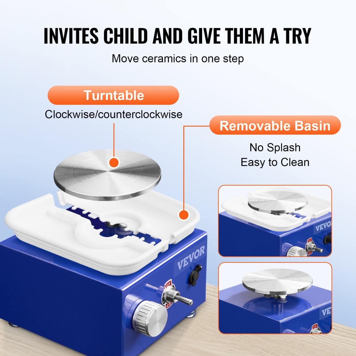 VEVOR Mini Pottery Wheel, For Kids Or Beginners, 2 Turntables 2.6in 3.9in Ceramic Wheel Machine, Adjustable 0-300RPM Speed ABS Detachable Basin, 17 Pottery Accessories, Work Art Craft DIY, 30W, Blue